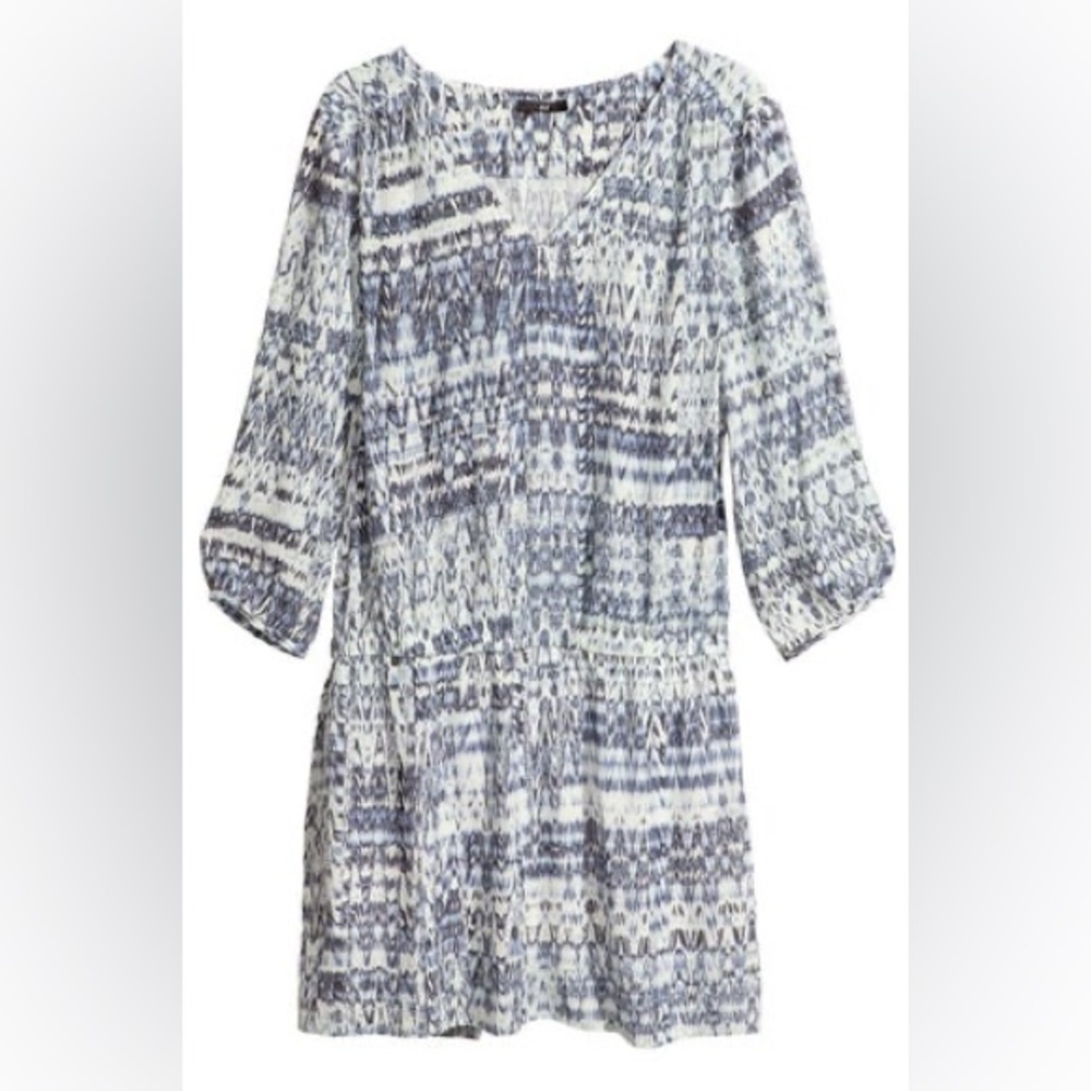 H&M White and Blue V-Neck Sundress with Bishop Sleeves